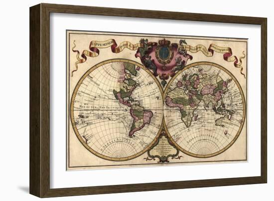 French World Map Shows Nautical Exploration Routes and Political Boundaries, 1720--Framed Art Print