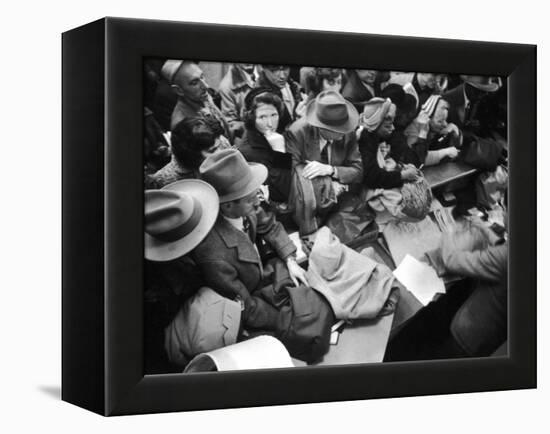 Frenzied Shoppers Crowd around Busy Cashier During Hearn's Department Stores Bargain Rush Sale-Lisa Larsen-Framed Premier Image Canvas