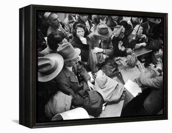 Frenzied Shoppers Crowd around Busy Cashier During Hearn's Department Stores Bargain Rush Sale-Lisa Larsen-Framed Premier Image Canvas