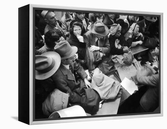 Frenzied Shoppers Crowd around Busy Cashier During Hearn's Department Stores Bargain Rush Sale-Lisa Larsen-Framed Premier Image Canvas