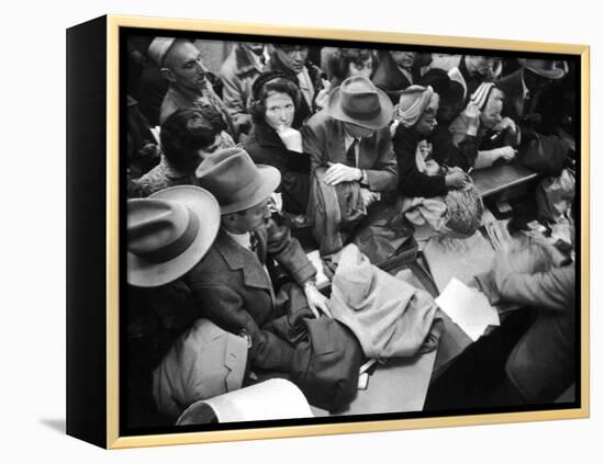 Frenzied Shoppers Crowd around Busy Cashier During Hearn's Department Stores Bargain Rush Sale-Lisa Larsen-Framed Premier Image Canvas