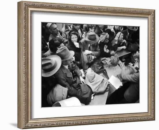 Frenzied Shoppers Crowd around Busy Cashier During Hearn's Department Stores Bargain Rush Sale-Lisa Larsen-Framed Photographic Print