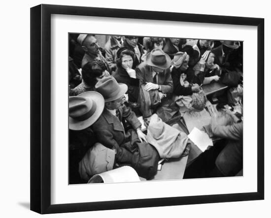 Frenzied Shoppers Crowd around Busy Cashier During Hearn's Department Stores Bargain Rush Sale-Lisa Larsen-Framed Photographic Print