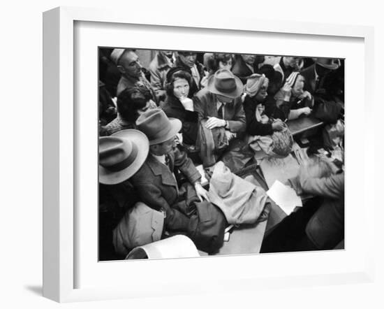 Frenzied Shoppers Crowd around Busy Cashier During Hearn's Department Stores Bargain Rush Sale-Lisa Larsen-Framed Photographic Print