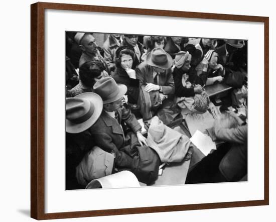 Frenzied Shoppers Crowd around Busy Cashier During Hearn's Department Stores Bargain Rush Sale-Lisa Larsen-Framed Photographic Print