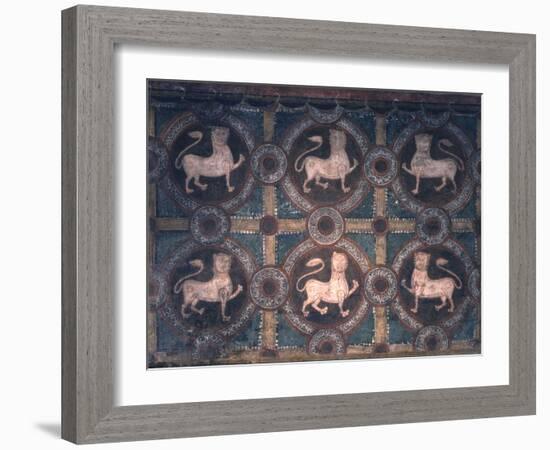 Fresco of Lions on Decorative Ground, 11th C-null-Framed Photo