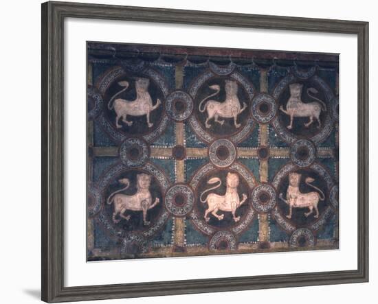 Fresco of Lions on Decorative Ground, 11th C-null-Framed Photo