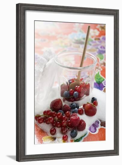 Fresh Berries in Jam Jar with Sugar and Wooden Spoon-Foodcollection-Framed Photographic Print