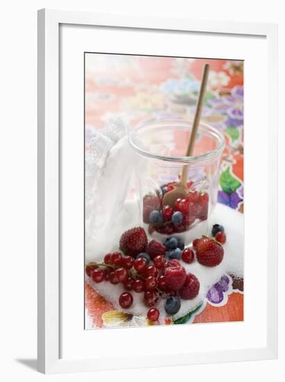 Fresh Berries in Jam Jar with Sugar and Wooden Spoon-Foodcollection-Framed Photographic Print