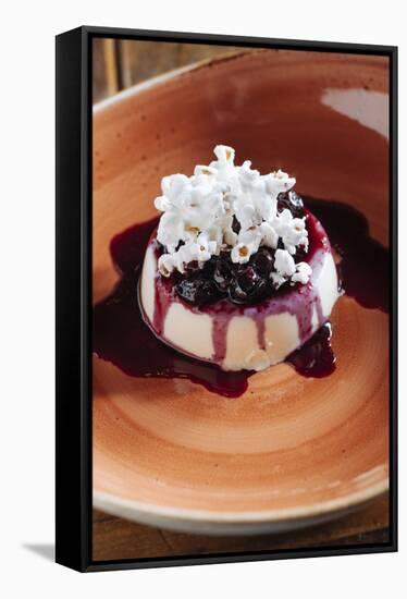 Fresh Corn Panna Cotta With Fresh Blueberry Syrup And Popcorn At Heritage Restaurnant In Reno, NV-Shea Evans-Framed Stretched Canvas