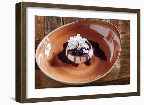 Fresh Corn Panna Cotta With Fresh Blueberry Syrup And Popcorn At Heritage Restaurnant In Reno, NV-Shea Evans-Framed Photographic Print