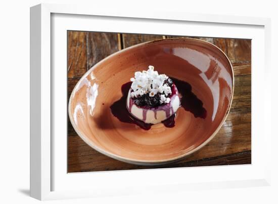 Fresh Corn Panna Cotta With Fresh Blueberry Syrup And Popcorn At Heritage Restaurnant In Reno, NV-Shea Evans-Framed Photographic Print