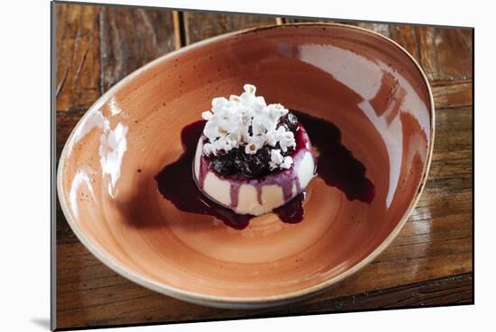 Fresh Corn Panna Cotta With Fresh Blueberry Syrup And Popcorn At Heritage Restaurnant In Reno, NV-Shea Evans-Mounted Photographic Print