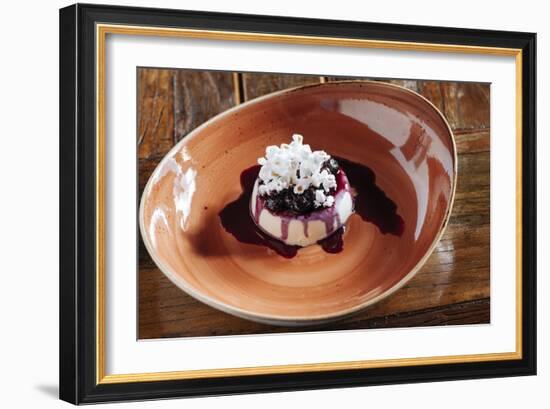 Fresh Corn Panna Cotta With Fresh Blueberry Syrup And Popcorn At Heritage Restaurnant In Reno, NV-Shea Evans-Framed Photographic Print