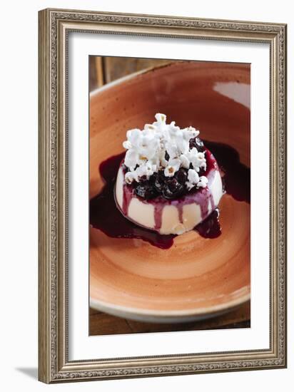 Fresh Corn Panna Cotta With Fresh Blueberry Syrup And Popcorn At Heritage Restaurnant In Reno, NV-Shea Evans-Framed Photographic Print