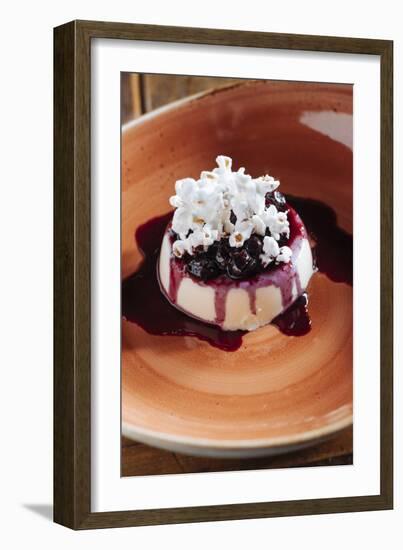 Fresh Corn Panna Cotta With Fresh Blueberry Syrup And Popcorn At Heritage Restaurnant In Reno, NV-Shea Evans-Framed Photographic Print