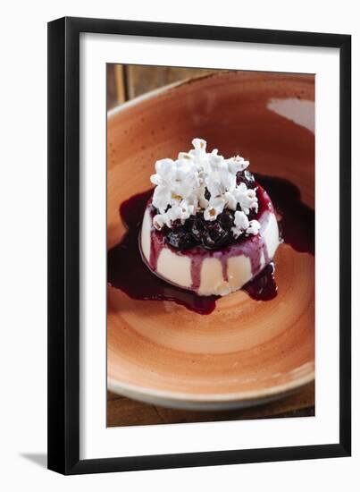 Fresh Corn Panna Cotta With Fresh Blueberry Syrup And Popcorn At Heritage Restaurnant In Reno, NV-Shea Evans-Framed Photographic Print