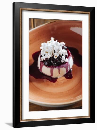 Fresh Corn Panna Cotta With Fresh Blueberry Syrup And Popcorn At Heritage Restaurnant In Reno, NV-Shea Evans-Framed Photographic Print