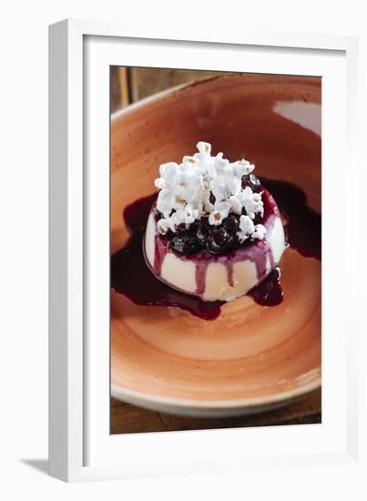 Fresh Corn Panna Cotta With Fresh Blueberry Syrup And Popcorn At Heritage Restaurnant In Reno, NV-Shea Evans-Framed Photographic Print