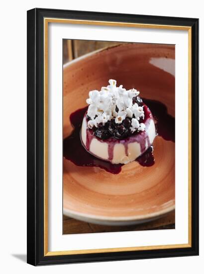 Fresh Corn Panna Cotta With Fresh Blueberry Syrup And Popcorn At Heritage Restaurnant In Reno, NV-Shea Evans-Framed Photographic Print