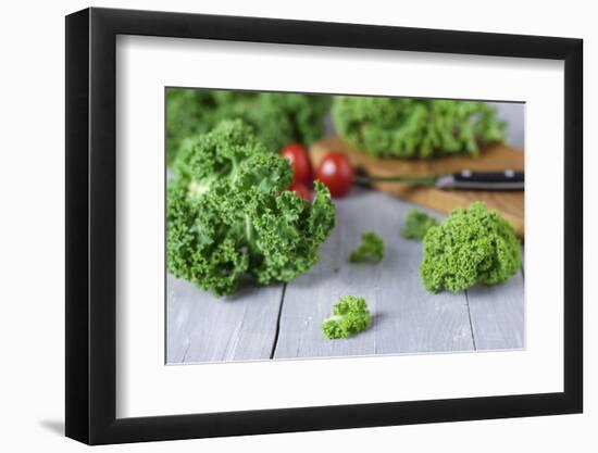 Fresh Curly Cale and Tomatoes on Grey Wooden Table-Jana Ihle-Framed Photographic Print