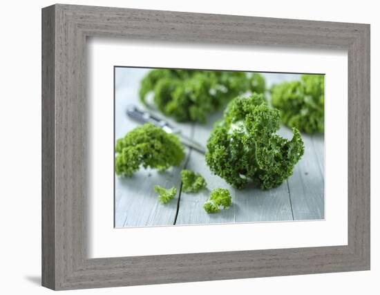 Fresh Curly Cale on Grey Wooden Table-Jana Ihle-Framed Photographic Print