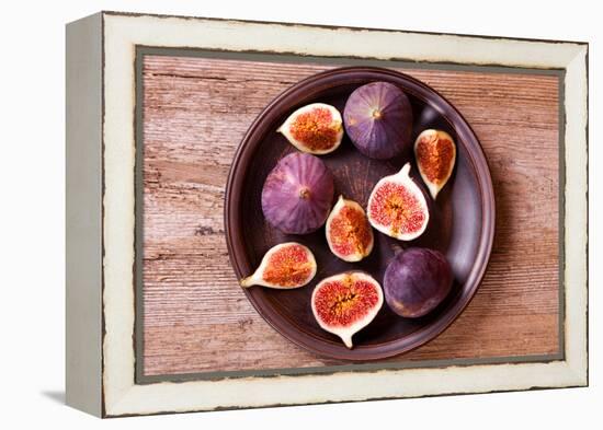 Fresh Figs in a Plate on Rustic Wooden Table-Marylooo-Framed Premier Image Canvas