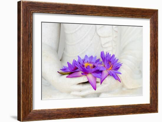 Fresh Flue Star Water Lily or Star Lotus Flowers in Buddha Image Hands-Iryna Rasko-Framed Photographic Print