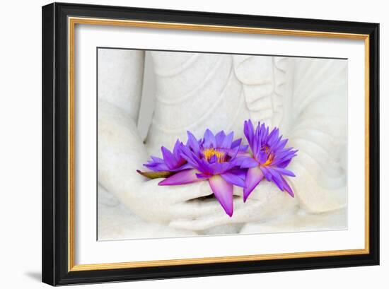 Fresh Flue Star Water Lily or Star Lotus Flowers in Buddha Image Hands-Iryna Rasko-Framed Photographic Print