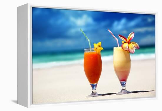 Fresh Fruit Juices on a Tropical Beach-Iakov Kalinin-Framed Premier Image Canvas