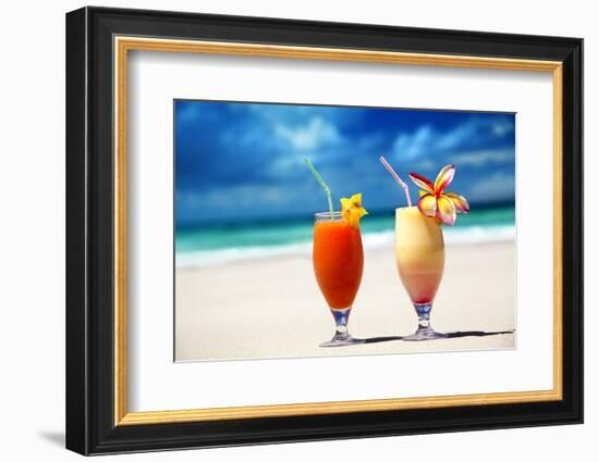 Fresh Fruit Juices on a Tropical Beach-Iakov Kalinin-Framed Photographic Print