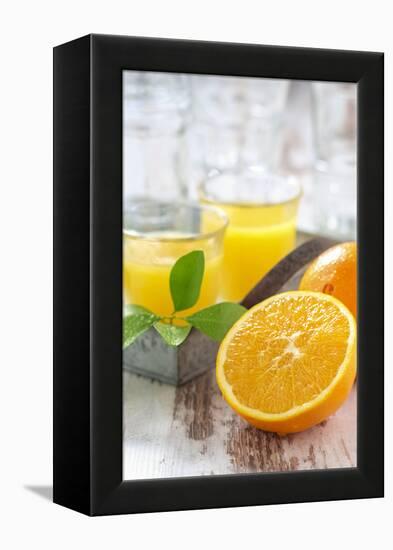 Fresh Pressed Orange Juice and Oranges-Jana Ihle-Framed Premier Image Canvas