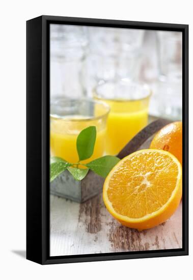 Fresh Pressed Orange Juice and Oranges-Jana Ihle-Framed Premier Image Canvas