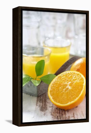 Fresh Pressed Orange Juice and Oranges-Jana Ihle-Framed Premier Image Canvas