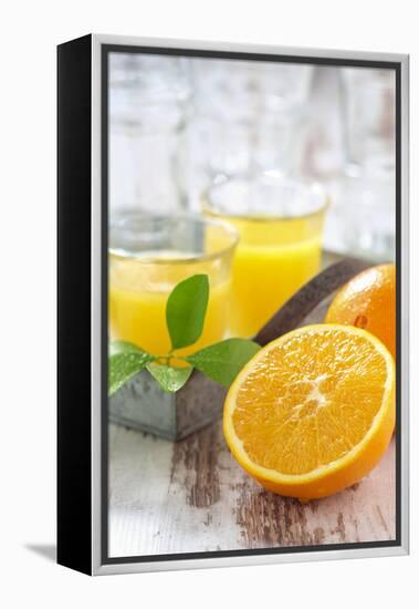 Fresh Pressed Orange Juice and Oranges-Jana Ihle-Framed Premier Image Canvas