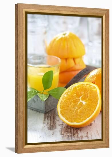 Fresh Pressed Orange Juice and Oranges-Jana Ihle-Framed Premier Image Canvas