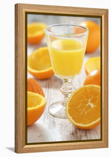 Fresh Pressed Orange Juice and Oranges-Jana Ihle-Framed Premier Image Canvas