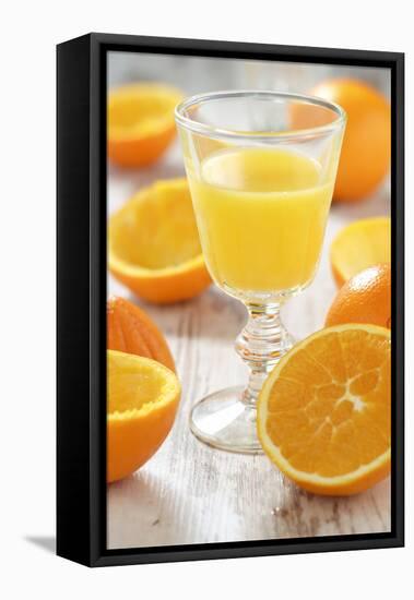 Fresh Pressed Orange Juice and Oranges-Jana Ihle-Framed Premier Image Canvas