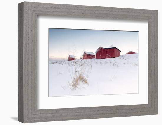 Fresh Snow Surrounds the Typical Fishermen Houses Called Rorbu in Winter, Eggum-Roberto Moiola-Framed Photographic Print