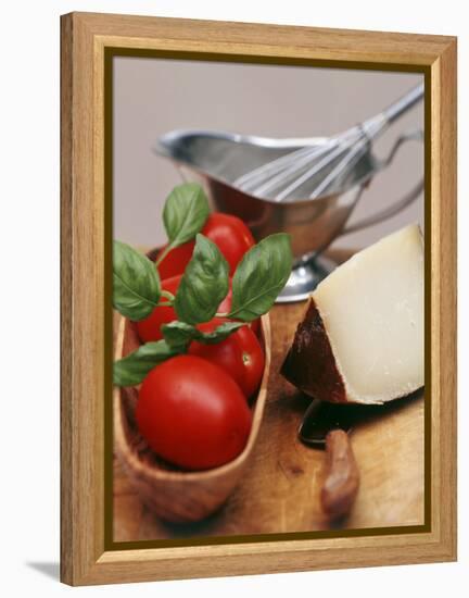 Fresh Tomatoes, Basil and Piece of Cheese, Sauce-Boat-null-Framed Premier Image Canvas