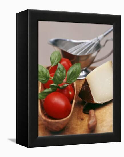 Fresh Tomatoes, Basil and Piece of Cheese, Sauce-Boat-null-Framed Premier Image Canvas