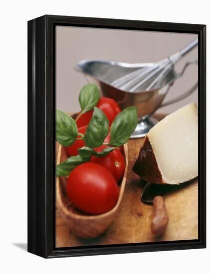 Fresh Tomatoes, Basil and Piece of Cheese, Sauce-Boat-null-Framed Premier Image Canvas