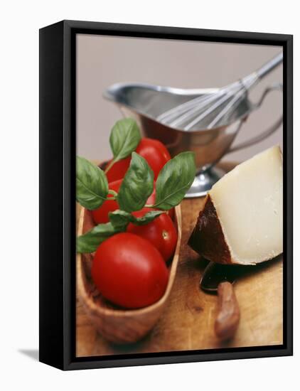 Fresh Tomatoes, Basil and Piece of Cheese, Sauce-Boat-null-Framed Premier Image Canvas