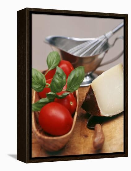 Fresh Tomatoes, Basil and Piece of Cheese, Sauce-Boat-null-Framed Premier Image Canvas