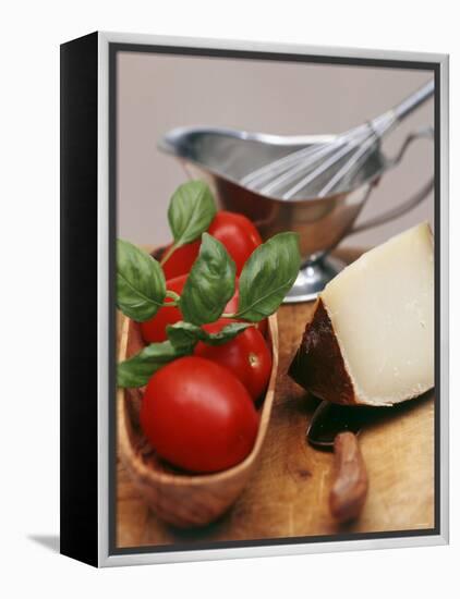 Fresh Tomatoes, Basil and Piece of Cheese, Sauce-Boat-null-Framed Premier Image Canvas