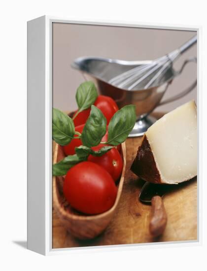 Fresh Tomatoes, Basil and Piece of Cheese, Sauce-Boat-null-Framed Premier Image Canvas