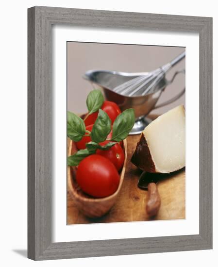 Fresh Tomatoes, Basil and Piece of Cheese, Sauce-Boat-null-Framed Photographic Print