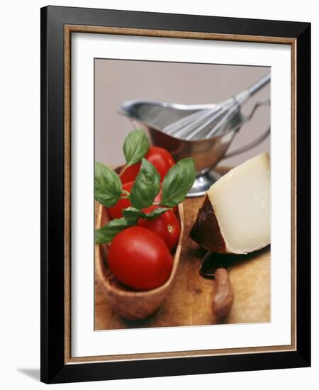 Fresh Tomatoes, Basil and Piece of Cheese, Sauce-Boat-null-Framed Photographic Print