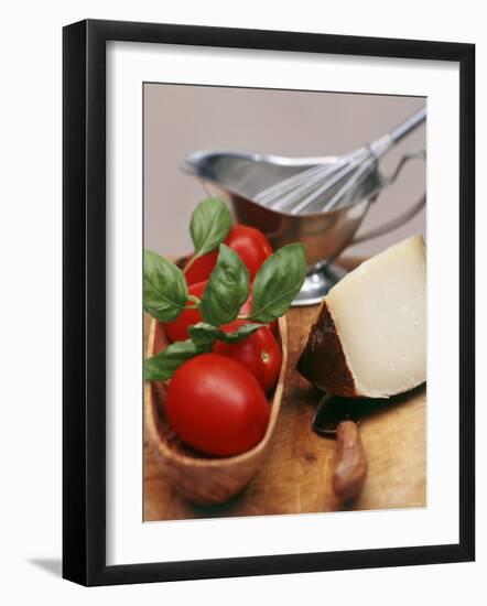 Fresh Tomatoes, Basil and Piece of Cheese, Sauce-Boat-null-Framed Photographic Print