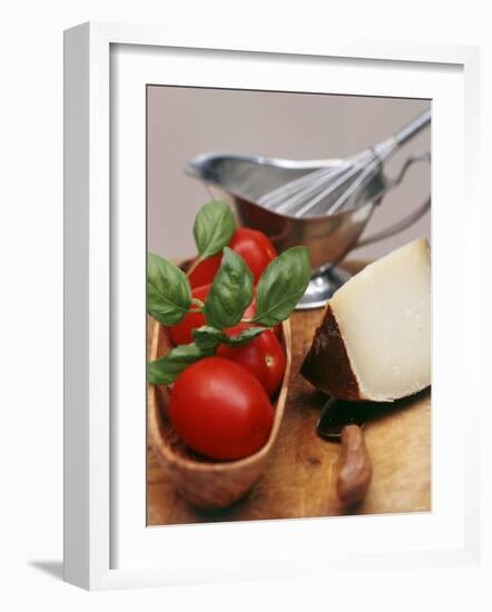 Fresh Tomatoes, Basil and Piece of Cheese, Sauce-Boat-null-Framed Photographic Print